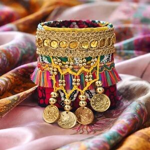 SIGNED OOAK Boho Gold Coin Cuff Bracelet | Festival Tribal Gypsy Style Handmade